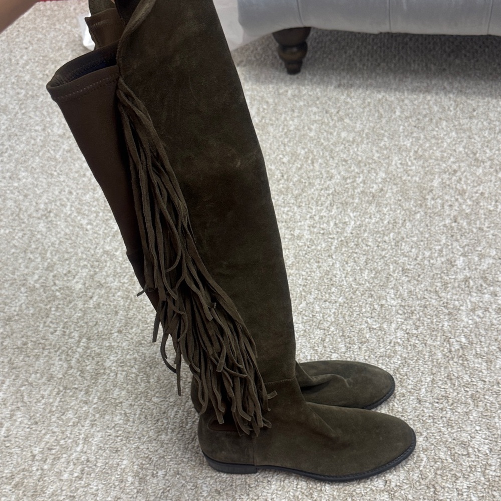 Stuart Weitzman Olive Suede Over-the-Knee Fringe Boots